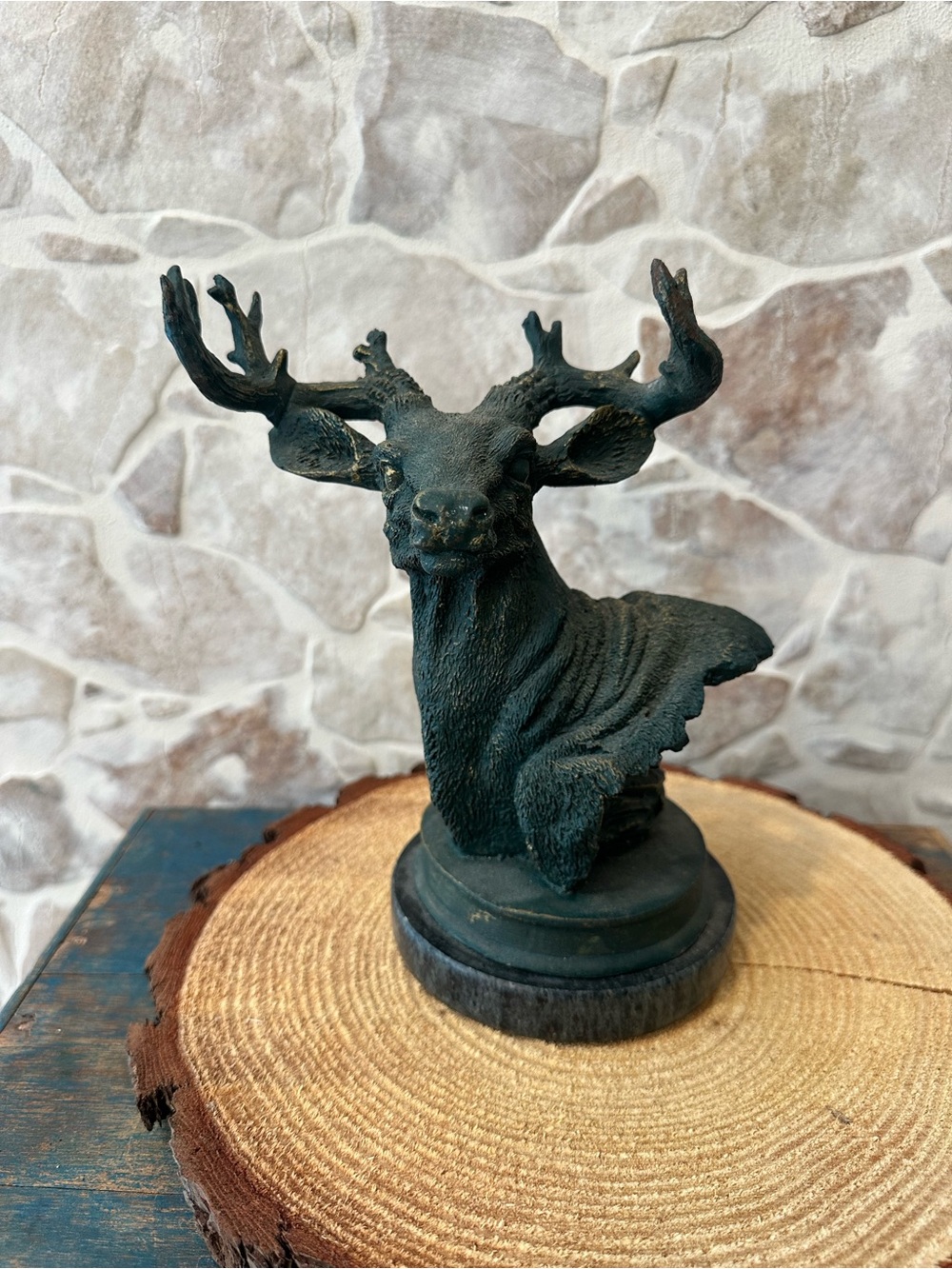 VintageCast Iron Deer Head - Marble Base Superb vDetail Good Dark Patina - HEAVY